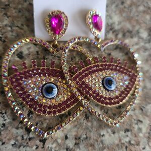Pink Heart Evil Eye Drop Earrings - Unbranded